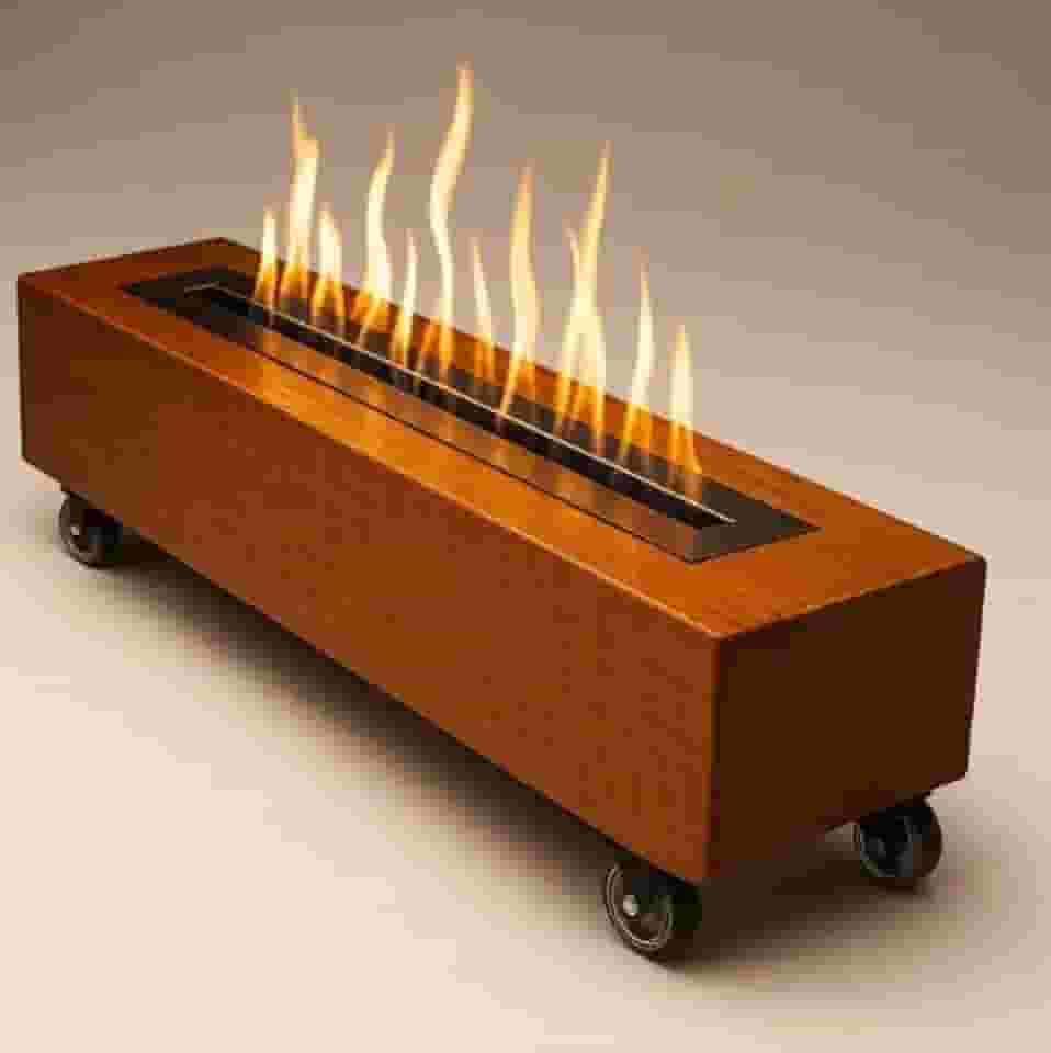 Lareira Dormente Portátil, Madeira Rústica, Preta, 80x20x20cm, Ecológica (Modelo Com Rodinhas)