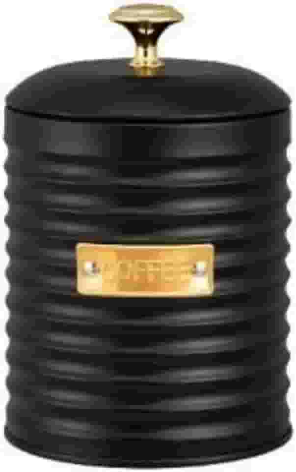 Porta Café de Metal c/Tampa Friso Preto Premium 16 x 10 x 10cm 1lt. c/Puxador Dourado Pote Redondo Porta Mantimentos Moderno e Elegante