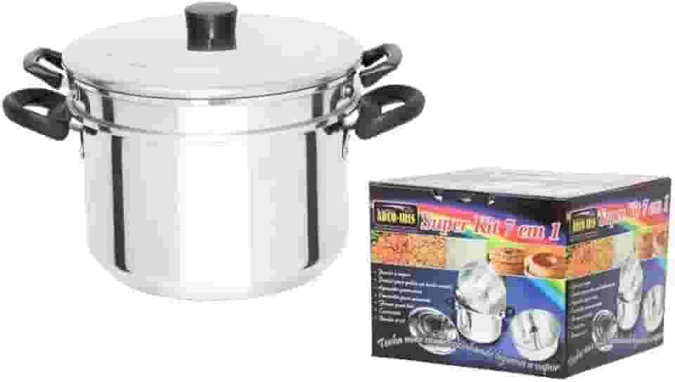 Super Kit 7 em 1 com caixa panela a vapor; panela para pudim em banho maria; aquecedor para arroz; escorregoder de macarrão; forma para bolo; cuscuzeiro e caçarola número 22