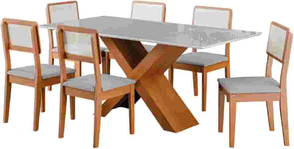 Conjunto de Mesa Sala de Jantar Tampo com Vidro 1,80m Grécia 6 Cadeiras Santiago Madeirado/Cinza