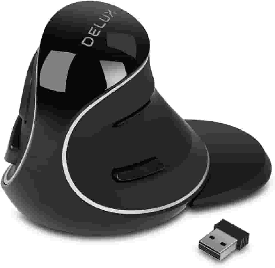 Delux Mouse vertical ergonômico sem fio - 2,4 G com receptor USB, cliques silenciosos, 1600 DPI, 6 botões, descanso de pulso removível, para laptop PC (M618Plus sem fio-preto)