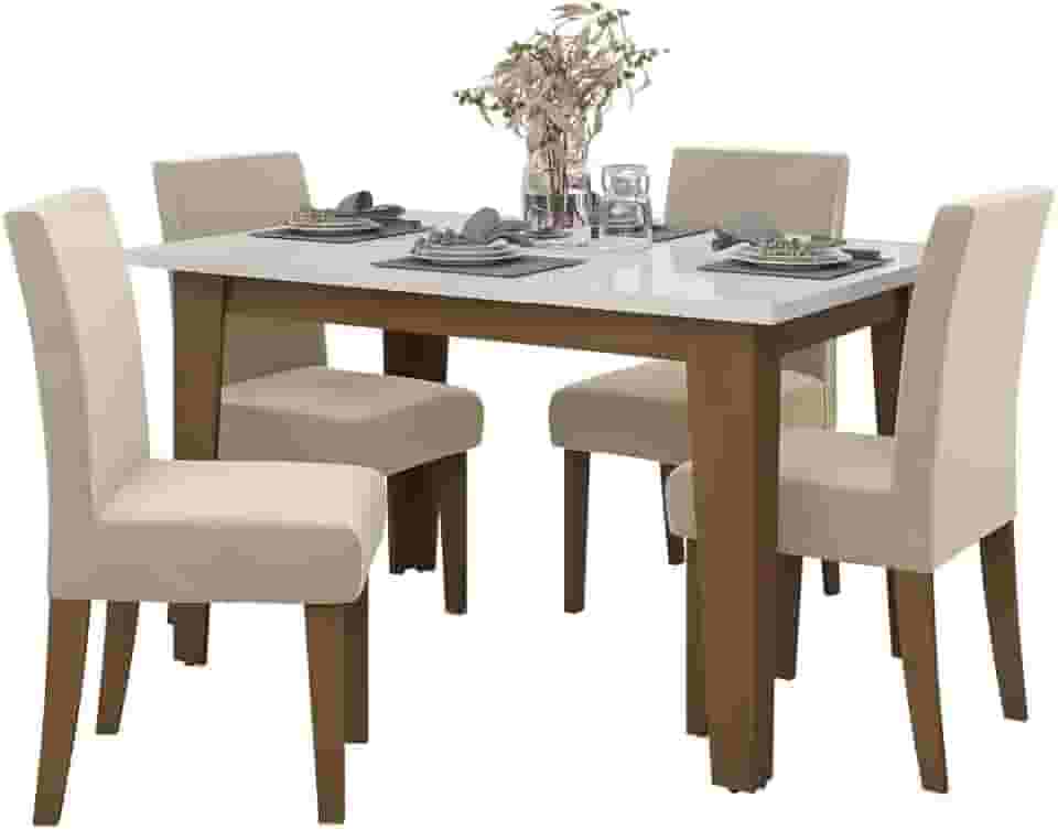 Conjunto de Mesa Sala de Jantar Miami com 4 Cadeiras Trieste Suede 1,20m Cedro/Off White/Areia Dobuê