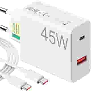 Carregador Universal Super Turbo 45W - 2 Saídas USB-C e USB-A, acompanha Cabo Emborrachado de 1M Ultra Rapido (Tipo-C para Tipo-C), Compatível com iPhone 15 e 16 e todos os Android