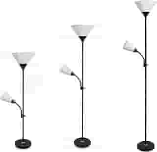 Luminária de Chão com Abajur Duplo Articulado para Leitura – Design Moderno, Base Metálica Estável, Soquete E27 Bivolt – Ideal para Quarto, Sala e Escritório (PRETO)