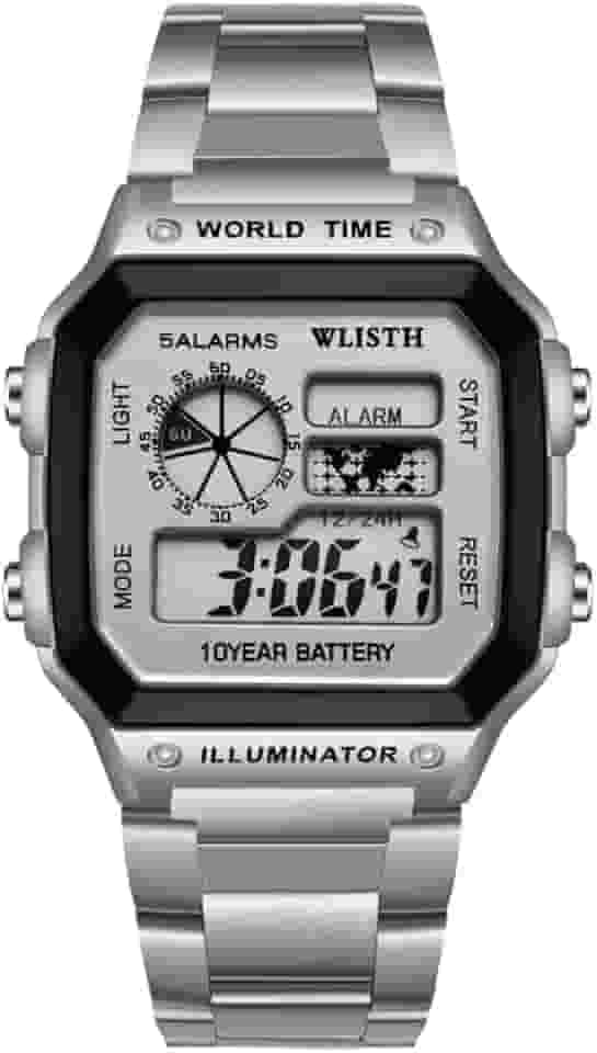 Relógio quadrado multifuncional retrô, casual, à prova d'água, de aço inoxidável, relógio, hora, data, despertador, fuso horário duplo, Prata, Com 4 janelas de exibição, despertadores, data, hora e horário mundial