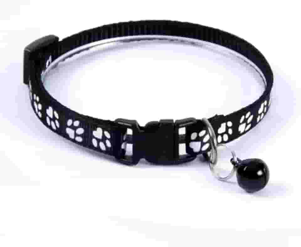 Coleira para Gato com Estampa de Patinhas, Preta com Branco, com Guizo