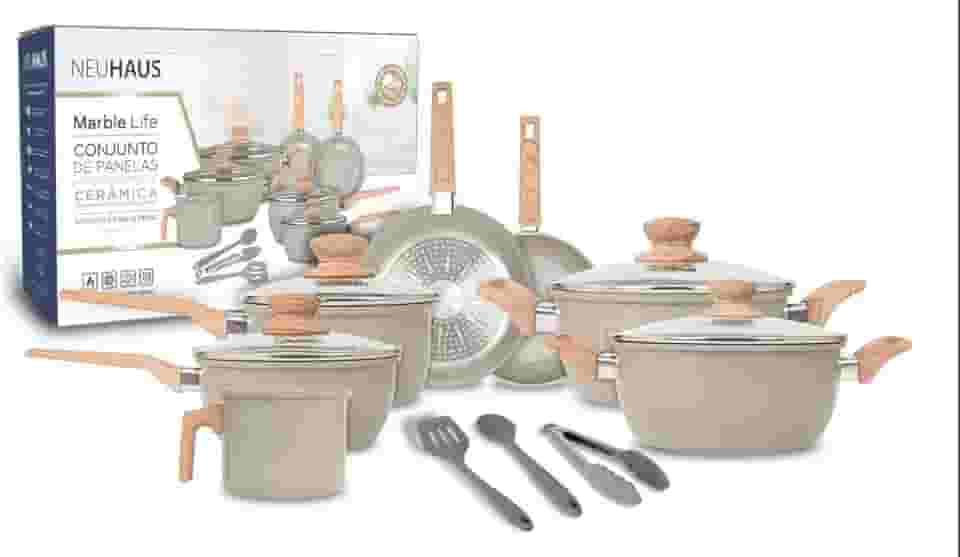 Jogo de Panelas Cerâmica Antiaderente 10 Peças Neuhaus Marble Life – Compatível com Indução, Gás e Elétrico – Com Utensílios em Silicone – Cor Light Grey