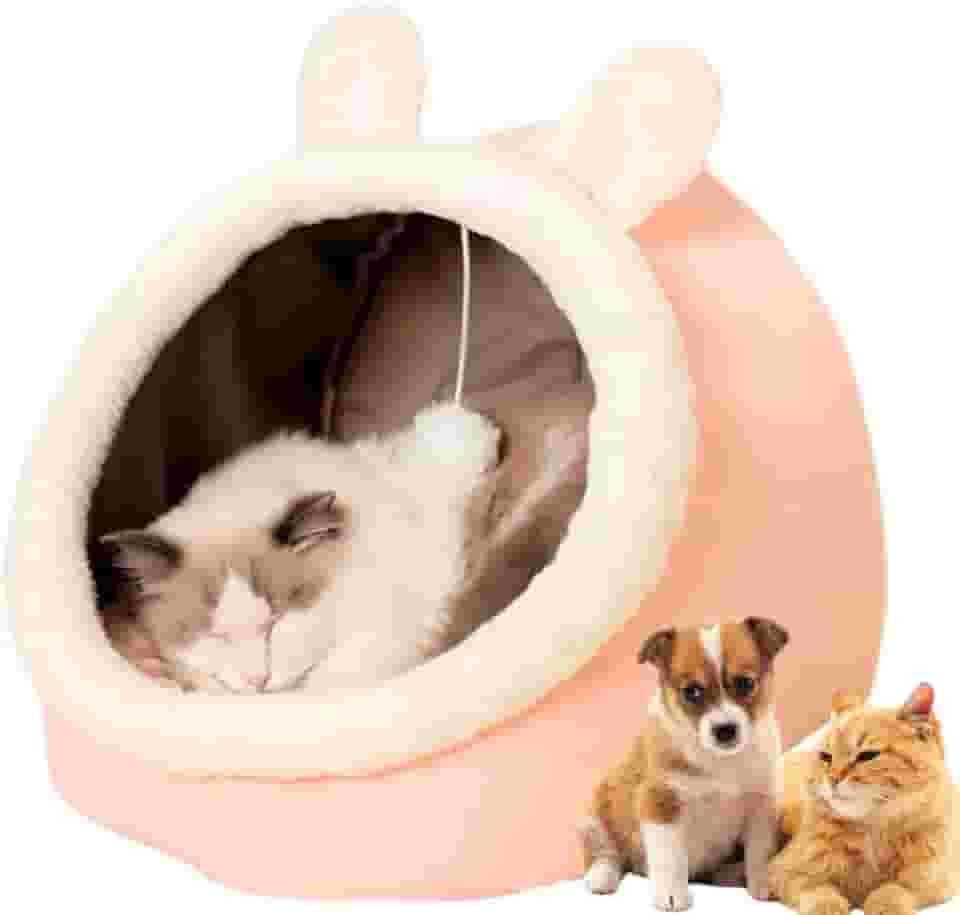 Toca Iglu Barraca Rosa Para Gatos e Cachorros Pequenos - Cama Caverna de Veludo com Almofada Removível e Lavável