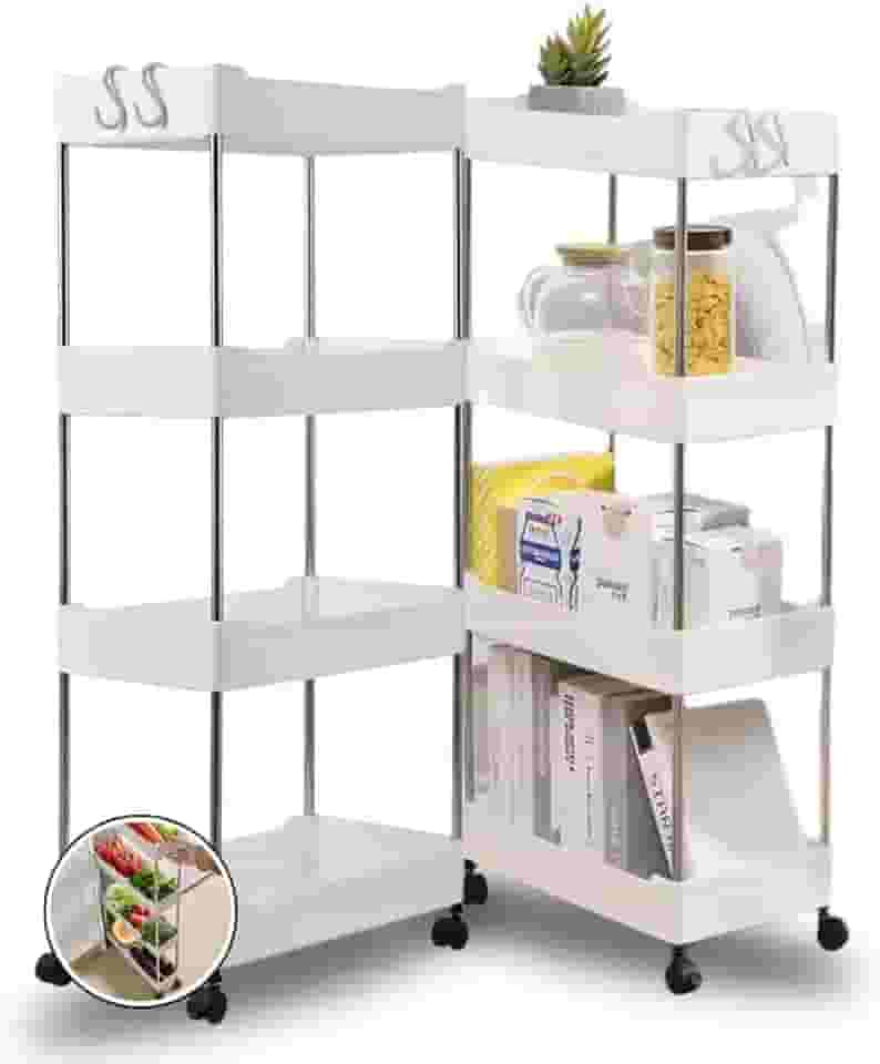 Carrinho Organizador Multiuso Slim com 4 Prateleiras e Rodinhas - Plástico Resistente - Para Cozinha, Banheiro, Salão, Escritório ou Manicure