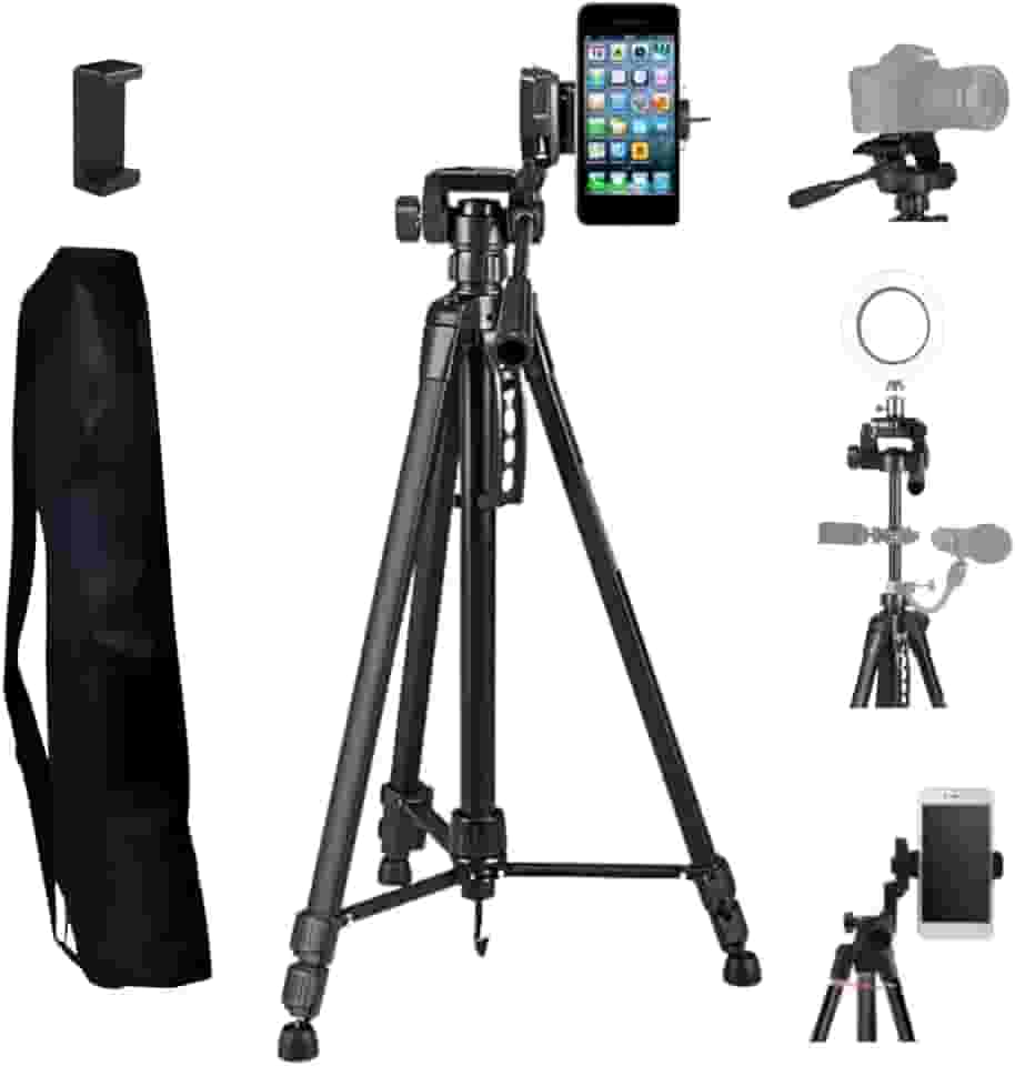 Tripé Profissional Celulares e Câmeras 1,50m de Altura, Estabilizador De Fotos e Vídeos, Suportes e Travas, Pés Antiderrapantes, Bolsa de Transporte, Regulagem de Altura e Nivelador, Cabeça 3 Vias