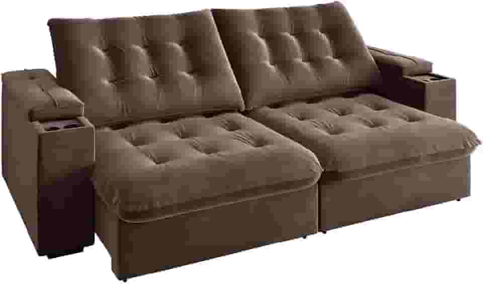 Sofá Retrátil e Reclinável 3 Lugares 2,30m com Porta Copos Veludo New Coliseu Marrom