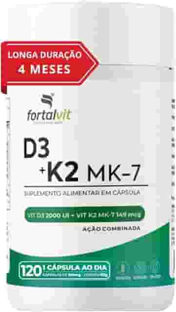 Vitamina D3 + K2 Longa Duração: 4 Meses Uso, 2000UI D3, 149mcg Vitamina K2 MK-7, 120 Cápsulas, Fortalvit