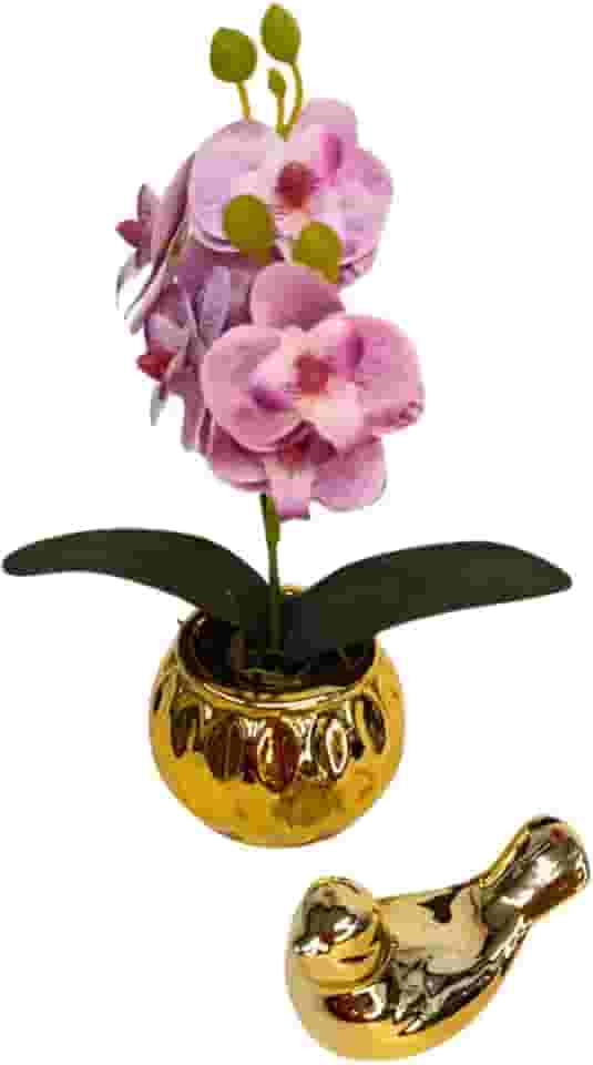 Orquídea Artificial 20cm Com Vaso E Passarinho Decorativo