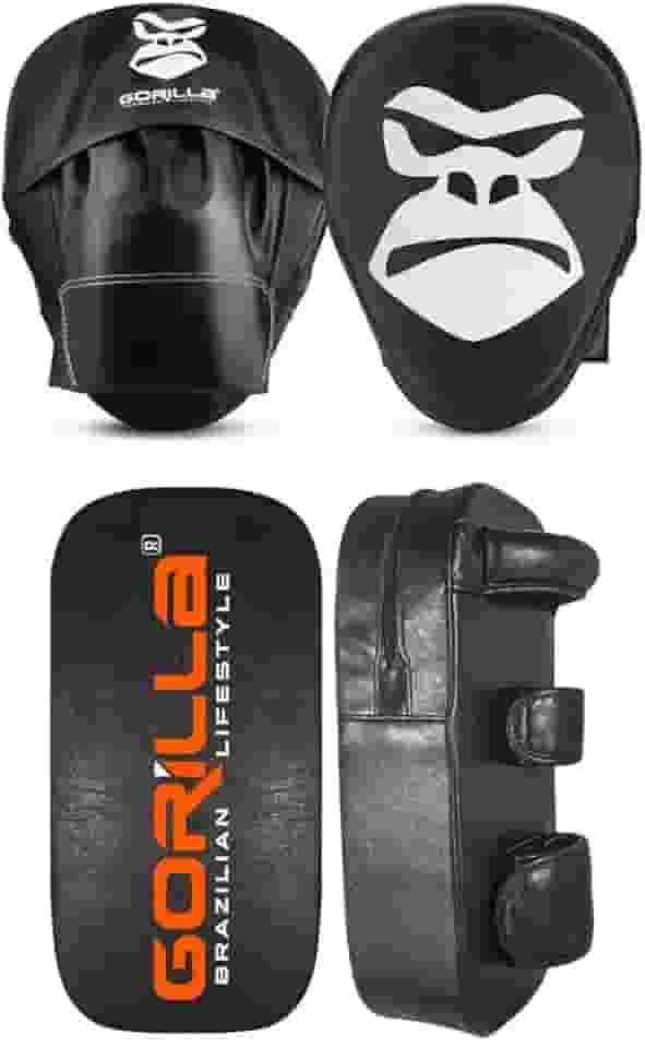 Kit Profissional Muay Thai Manopla Foco Soco Boxe + Aparador Chute Almofada Alvo De Pé Gorilla