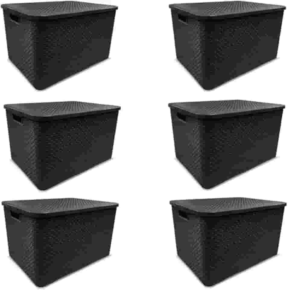 KIT C/ 6 CAIXAS ORGANIZADORAS RATTAN 7L C/TAMPA PRETA MULTIUSO DECORATIVA