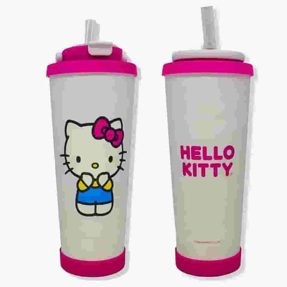 Zona Criativa – Copo Spring 850ml Hello Kitty | Copo Térmico c/Parede Dupla em Inóx, Base Antiderrapante, Tampa Antivazamento, Canudo + Limpador | Ideal para Levar Bebida com Segurança