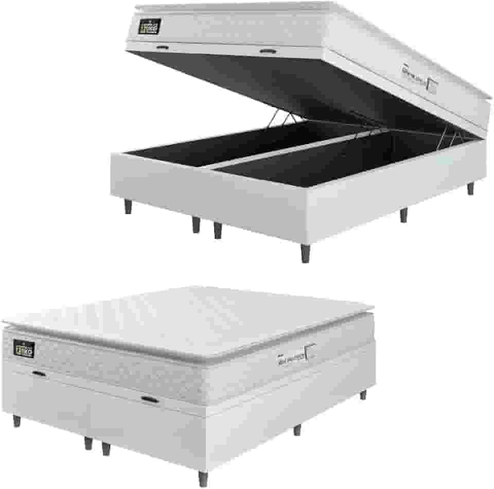 Cama Box Baú Colchão Espuma D33 Pillow Top New Millenium Branco Hellen – Suporta Até 120 Kg Por Pessoa (Queen 158x198x60)