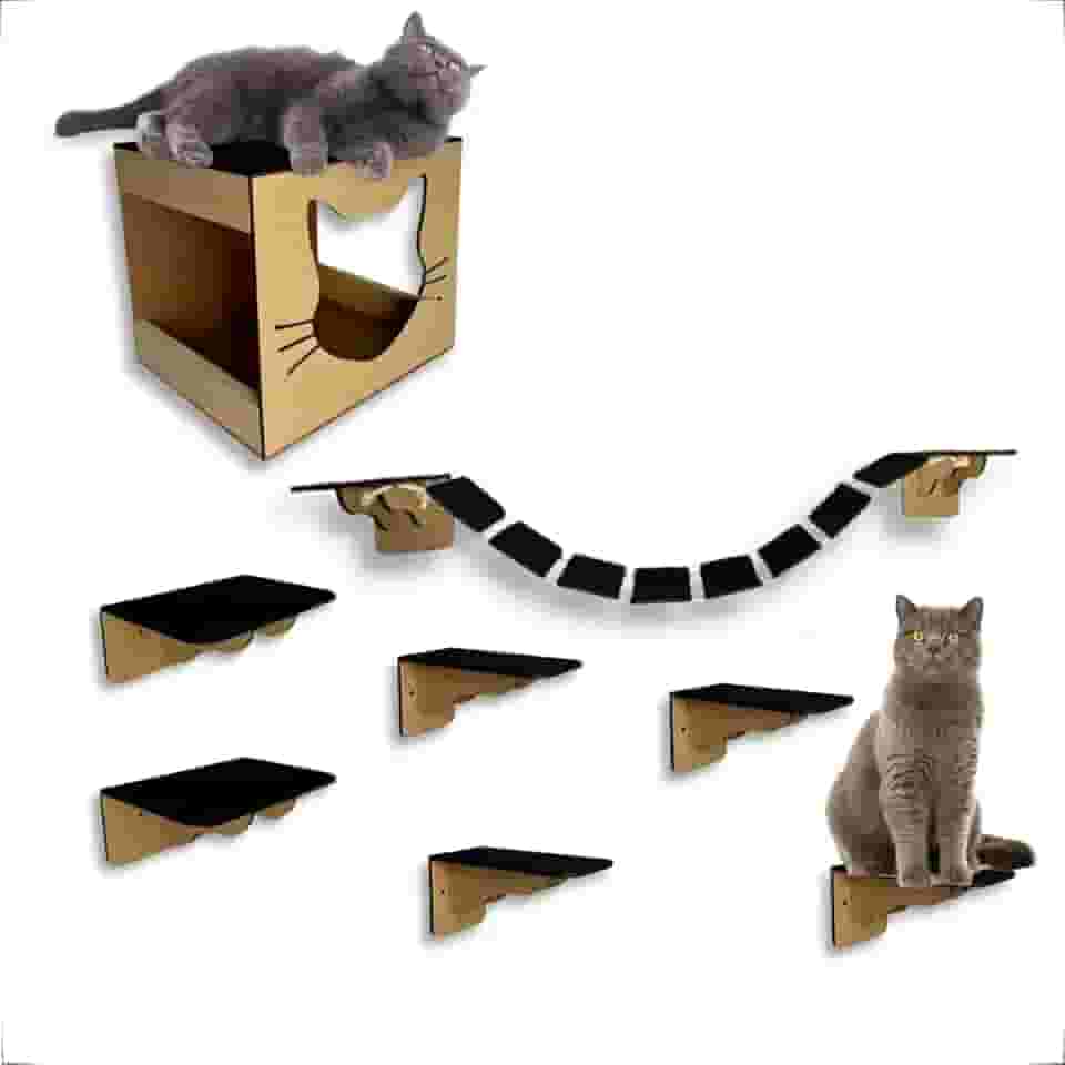 Playground Para Gatos 8 Peças Mdf 6mm Kit Nicho Gato Prateleiras Ponte e Degraus - Seguro e Resistente