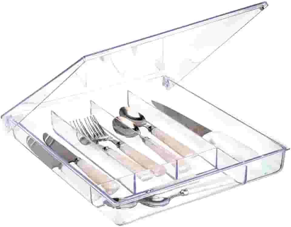 Porta Talheres Garfos Facas Colheres Organizador de Gavetas Acrilico Cozinha - LOBOY (Com Tampa)