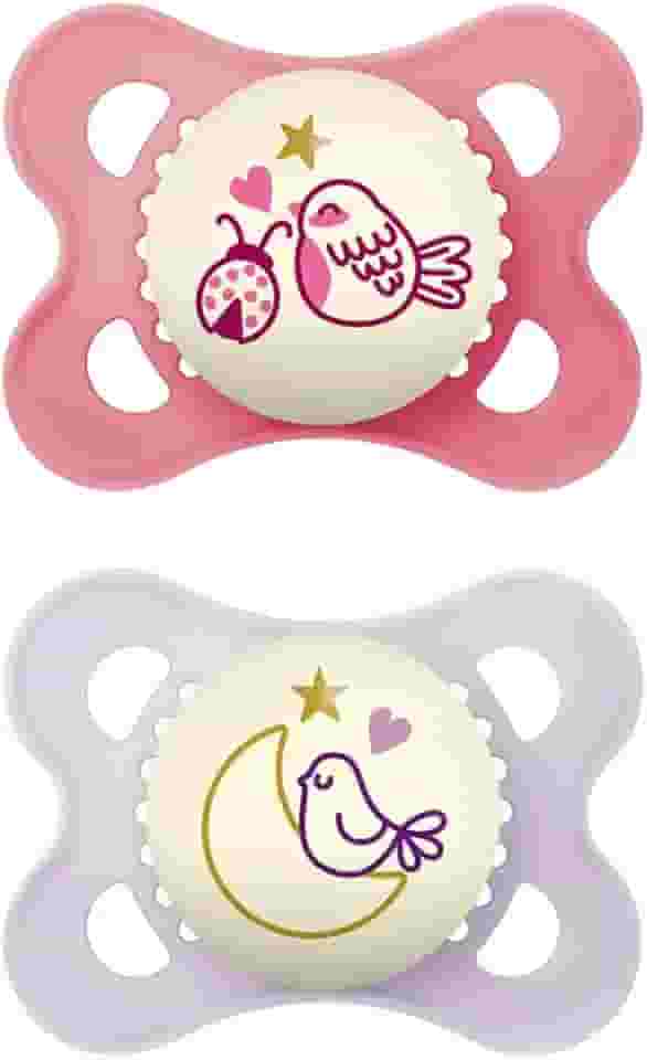 MAM Baby Kit Com 2 Chupetas Original Night Com Botão Que Brilha No Escuro, Bico de Silicone SkinSoft para Crianças 0-6 Meses Com Caixa Esterilizadora, Rosa