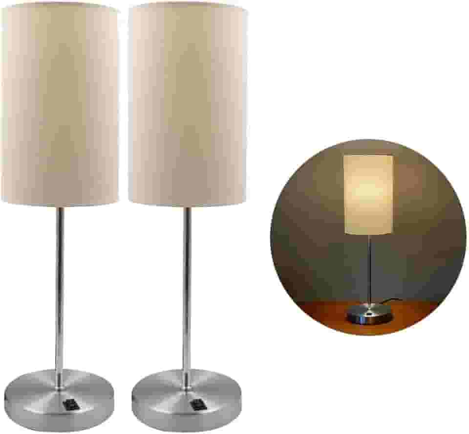 Kit com 2 Luminária de Mesa Abajur Cilindrico Delicado Em Alumínio Escovado Com Cúpula de Tecido Algodão Revestida em Acetato Soquete E27 Bivolt (Bege)