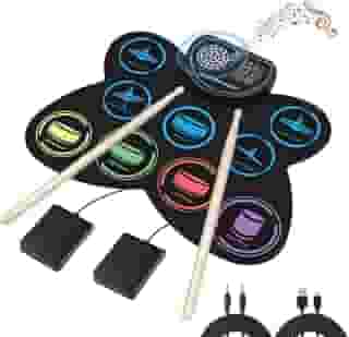 Conjunto de Bateria Eletrônica Digital 9 Pads Portátil, Realista, com Pedais, Baquetas e Entrada para Fone de Ouvido