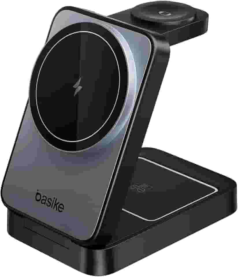 Basike Carregador Sem Fio 3 em 1 Magnético 2025, Estação de Carregamento Portátil com Luz Noturna, Dobrável e Compatível com MagSafe, iPhone 16/15/14/13/12, Apple Watch e AirPod (Preto)