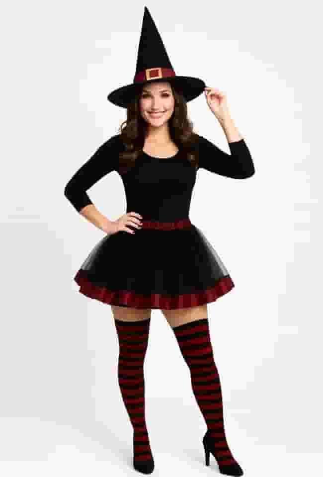 Fantasia feminina de bruxa de Halloween 2025, chapéu de bruxa, tutu em camadas curtas e meias listradas, conjunto de para Adutos meninas adolescentes (preto e roxo, preto e vermelho)
