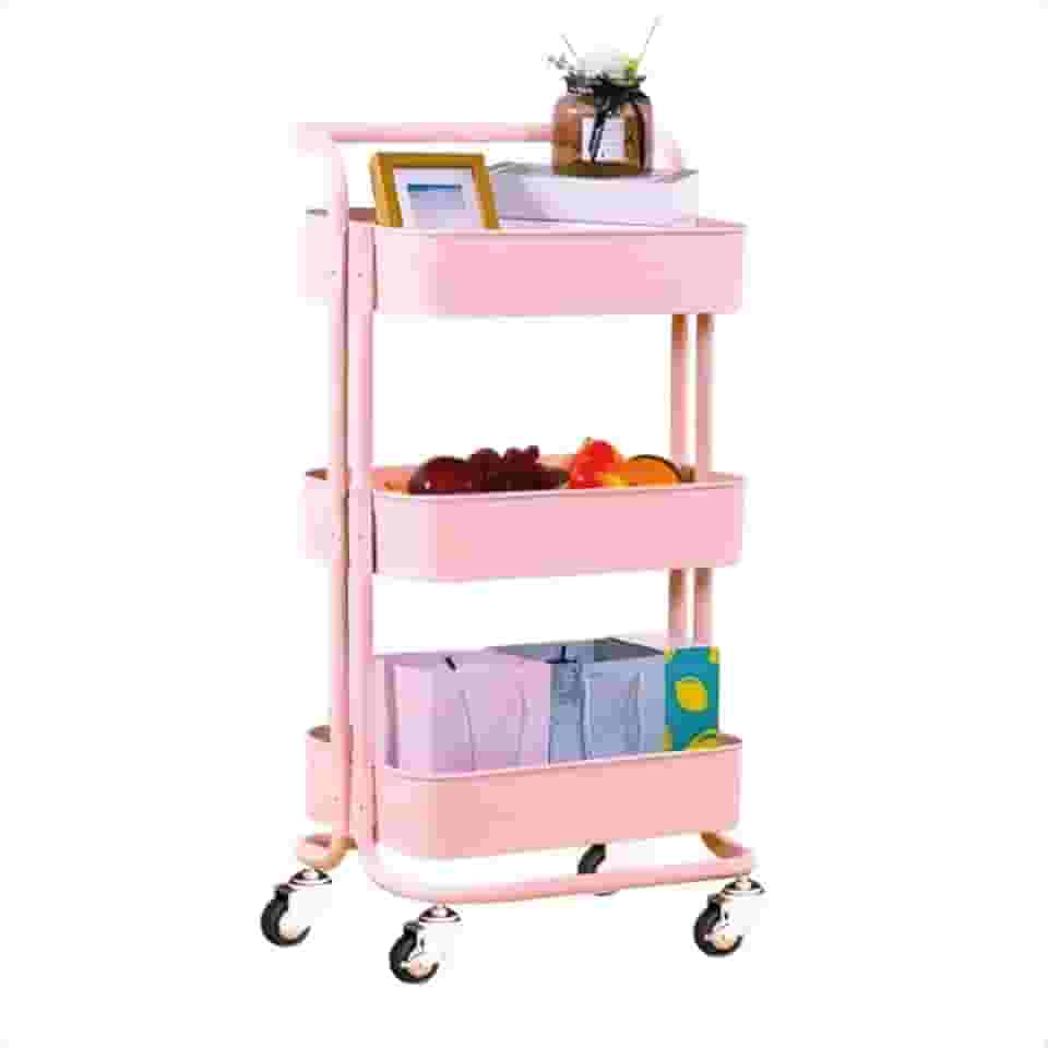 Carrinho Organizador De Banheiro Lavanderia Fruteira Auxiliar Cozinha Armazenamento MultiusoEscritório Manicure Maquiagem Rodinha Giratória 03 Prateleiras Plástico com Alça (Rosa)