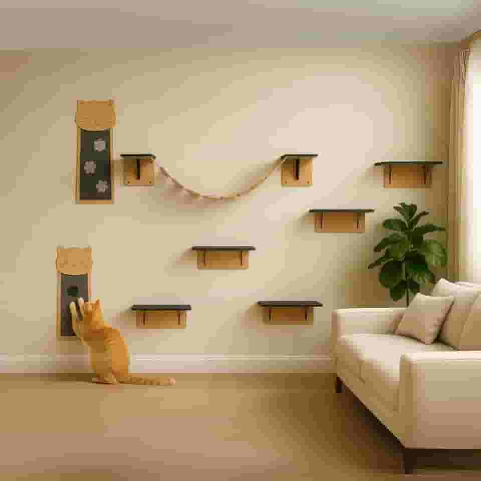 BOXFAN Kit 8 Peças Prateleiras Escada Gato Playground Gatil Mdf 4mm Arranhador de Parede Descanso Pet Ponte Diversão Prateleira Antiderrapante Parquinho Suspenso