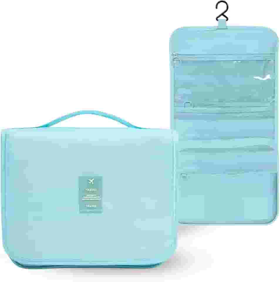 Necessaire de Viagem Organizadora com Gancho, 5 Divisórias, Material Resistente à Água, 23 x 19 x 10 cm,(Ciano)