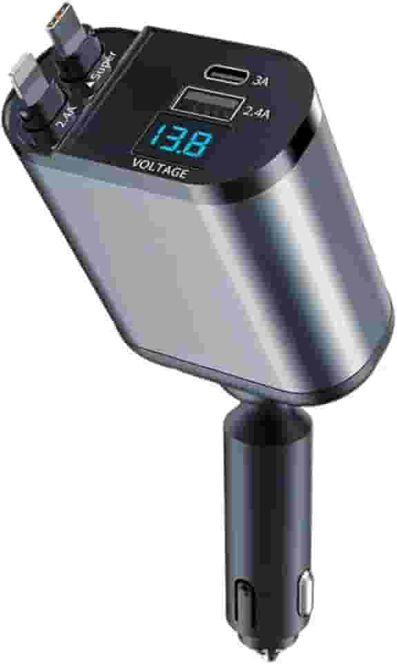 DERLEE Carregador retrátil para carro [versão atualizada] Carregador de carro rápido USB C 4 em 1 de 100 W com cabo retrátil duplo, duas portas USB com visor de tensão compatível com iPhone 14 13 Pro