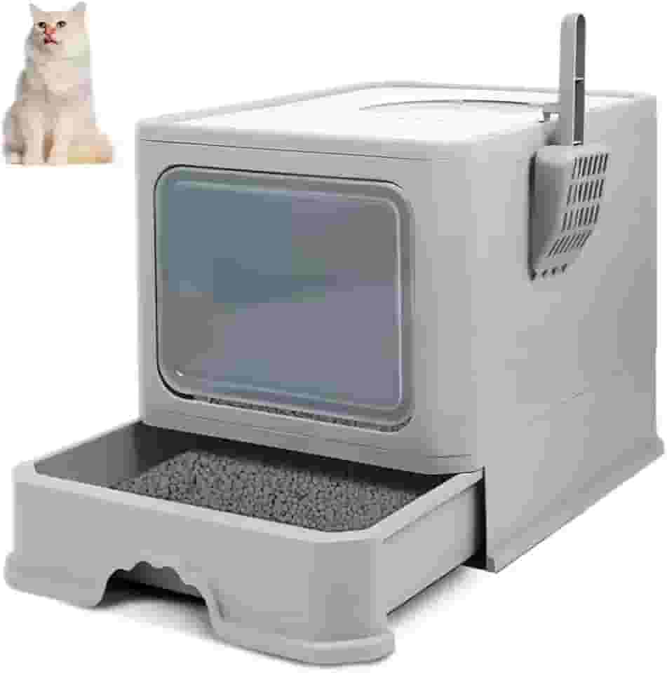 Reamfit Caixa de Areia para Gatos, 50x40x40CM, Cinza, Fechada, Grande Capacidade, Porta Transparente de Abertura Dupla