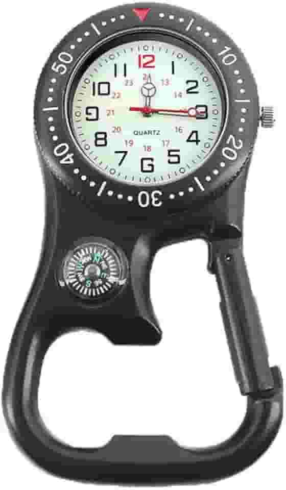 Relógio masculino feminino com clipe de mosquetão e bússola para aventuras ao ar livre com bolso luminoso, Preto