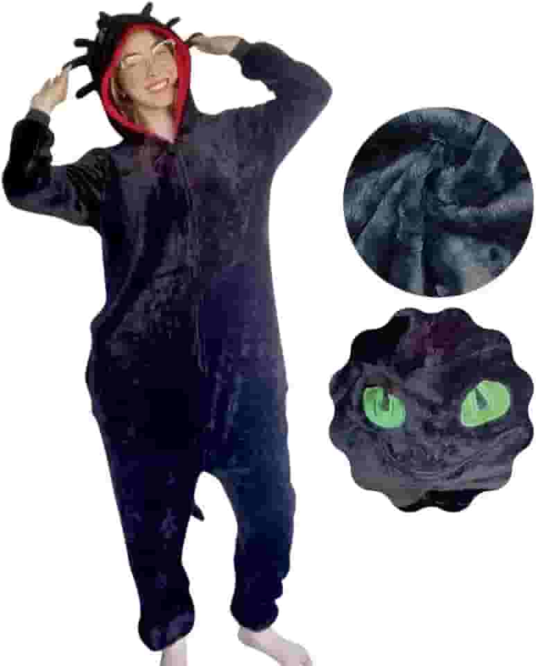 Pijama Kigurumi Dragão Peluciado Macacão com Capuz Manga Longa Unissex