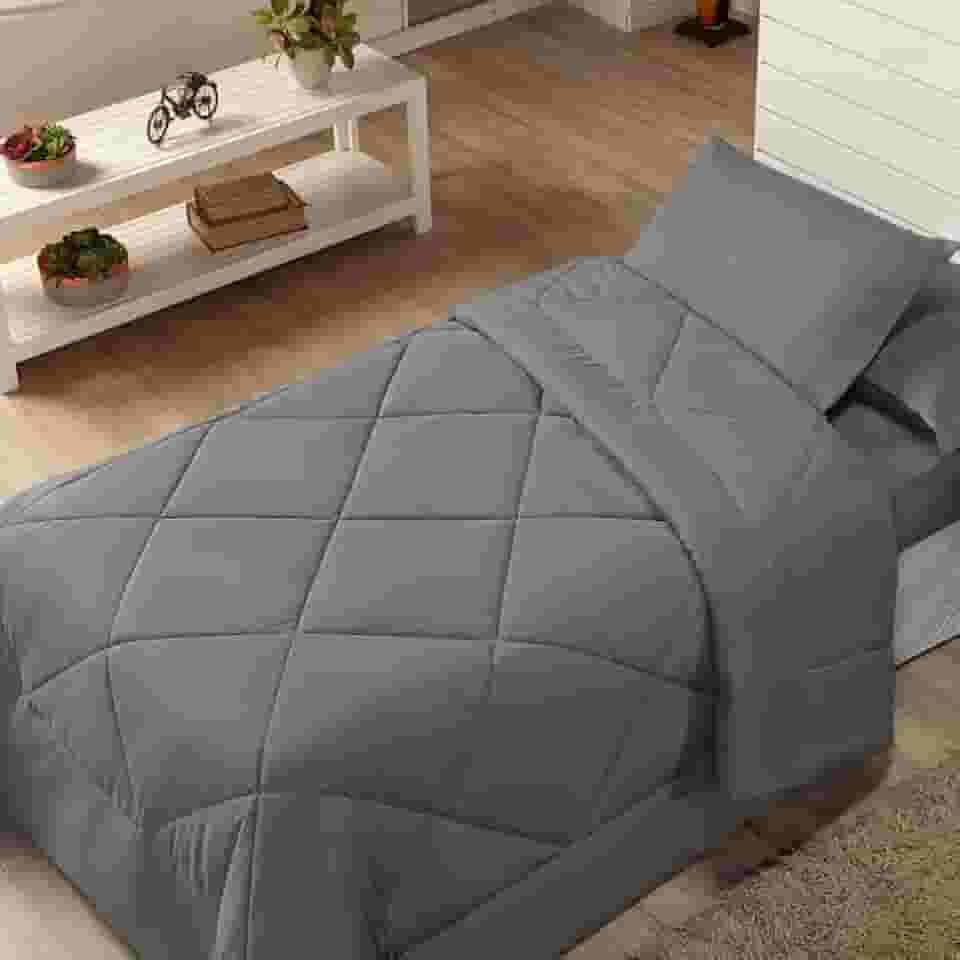 Kit Edredom Solteiro Coberdrom 2 Peças Cobertor Margarida Cor:Cinza