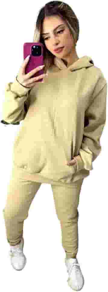 Conjunto Feminino Calça De Moletom + Blusa Canguru Com Capuz De Frio Moda E Estilo Fitness Dia A Dia