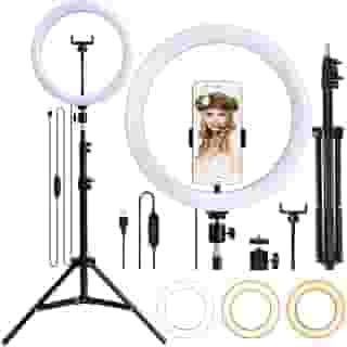Kit Completo Iluminador Ring Light 12 Polegadas, 30 cm, com Tripé e Dimmer para Gravação Profissional - Anel de Led com Três Tonalidades de Luz