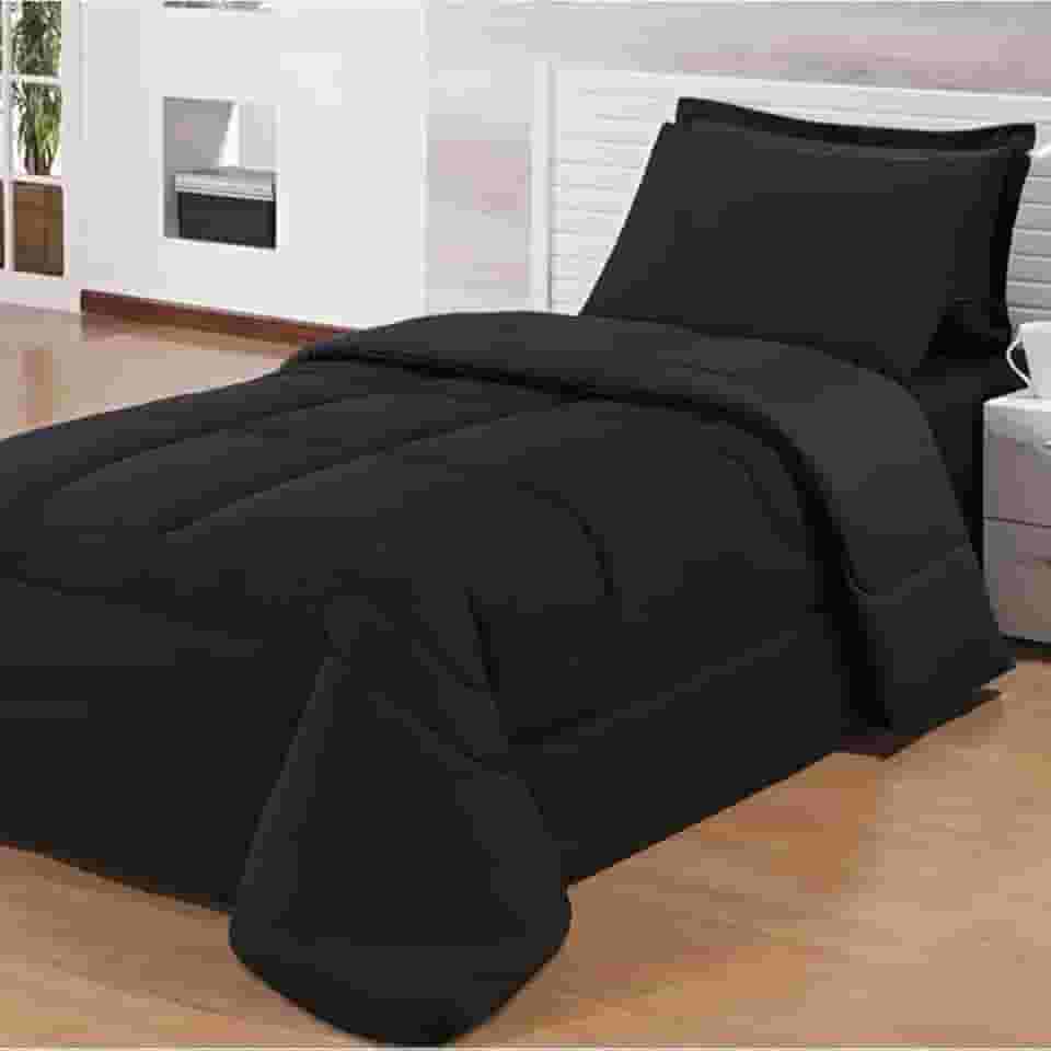 Edredom Solteiro Para Cama Box Dupla Face Com Fronhas 3 Peças (Preto/Preto)