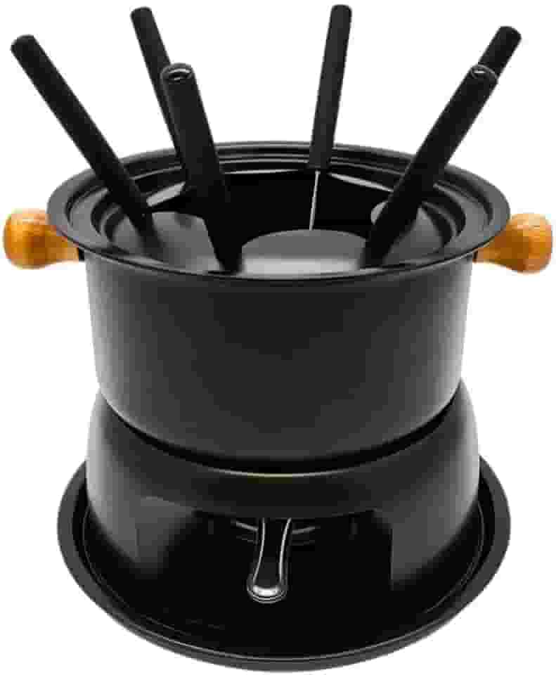 Conjunto de Fondue para 6 Pessoas, 11 Peças, Panela 1,7L, Base com Suporte, 6 Garfos, Preto