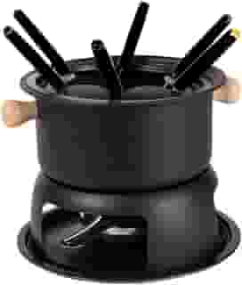 Kit Jogo Panela Conjunto Fondue 11 Peças Aço Inox e Madeira Carne Chocolate Queijo Jantar Romântico