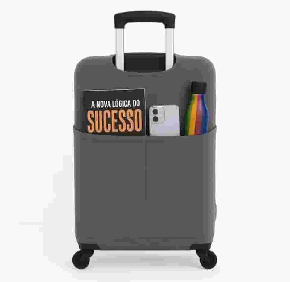 Capa Para Mala Viagem com Bolso Canguru Protetor de Bagagem Bordo Segurança Aeroporto Internacional (CINZA, G- 16 até 23 kg)