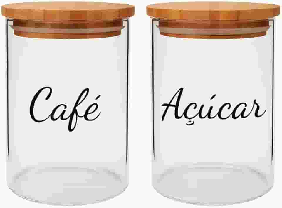 Potes Herméticos de Vidro com Tampa de Bambu 1200ml Conjunto com 2 Unidades para Café e Açúcar Transparente