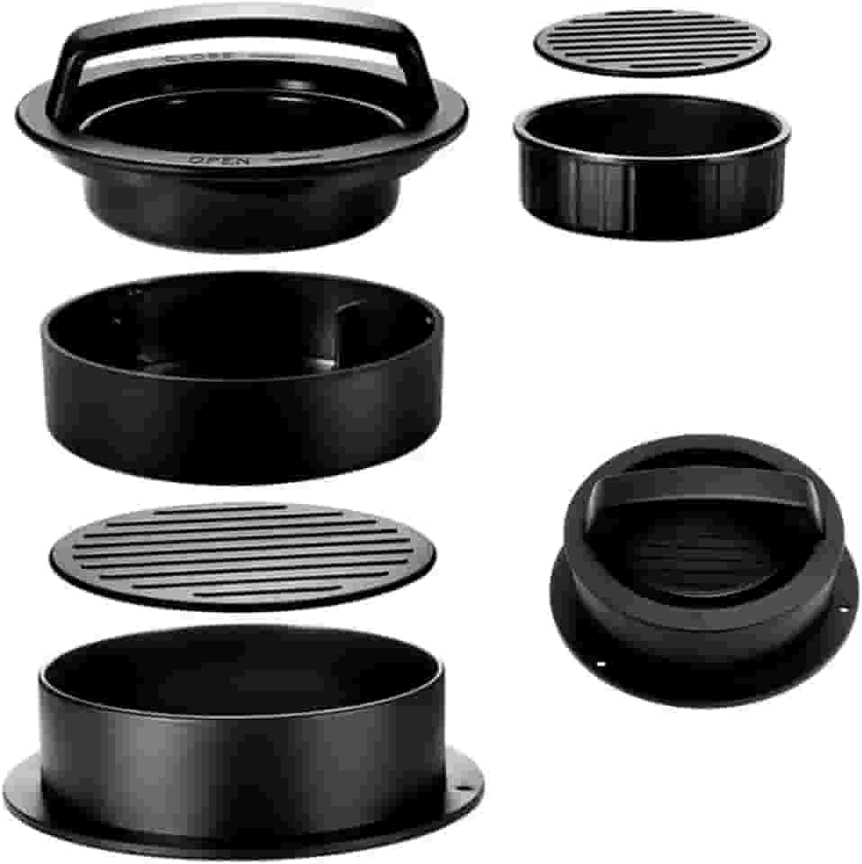 Molde de Hambúrguer 3 em 1 de Plástico – Prensa Manual para Hambúrguer Artesanal Recheado e Smash – Utensílio para Cozinha e Churrasco