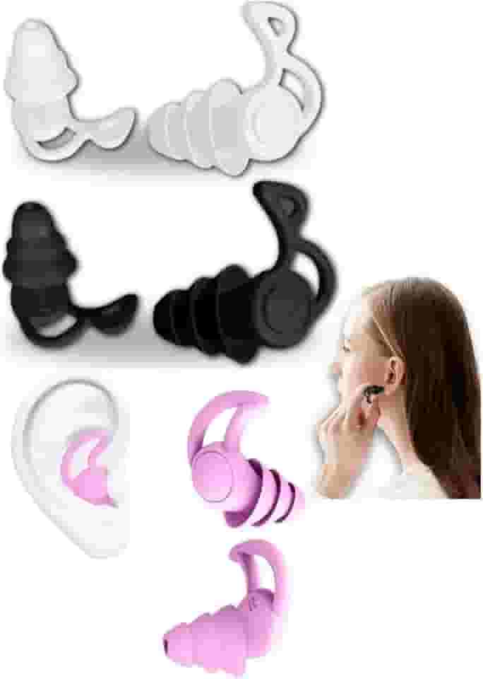 Kit 3 Pares Protetor Auricular de Silicone, Tampão de Ouvido Reutilizável para Dormir e Natação, Antiruído, Branco/Preto/Rosa