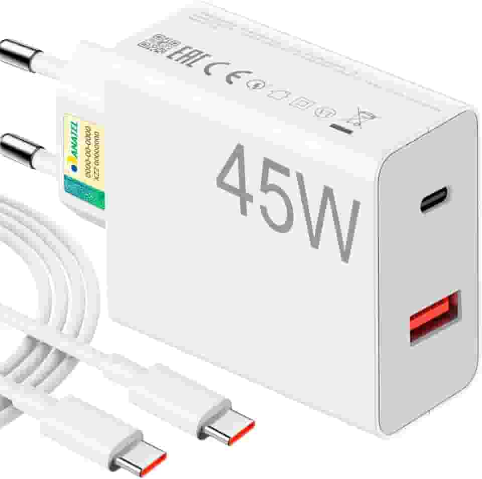 Carregador Turbo 45W Ultra Rápido Tipo C e USB Com Carregamento Rápido + Cabo Tipo C Compatível Com Todos Os Dispositivos, Android, Ios 15/16, Xiaomi - Todos Dispositivos Celulares