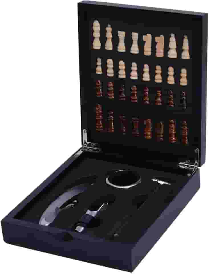 Mimo Style Jogo Para Vinho Com 4 Pçs e Estojo de Madeira, Inclui Saca-Rolhas, Anel Salva Gotas, Termômetro e Bico Dosador, Produzidos em Inox. Caixa Tabuleiro de Xadrez com Todas As Peças