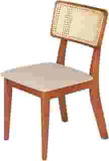 Cadeira de Jantar Madeira Maciça Estofada em Linho Bege Claro Encosto Rattan