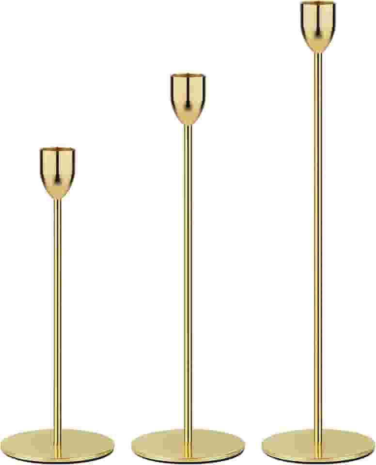 Ohtomber Suporte de vela de metal dourado – 3 peças de castiçal, decoração de mesa de casamento de centro de castiçal, ajuste pilar de 0,9 cm de espessura, velas afuniladas e de LED