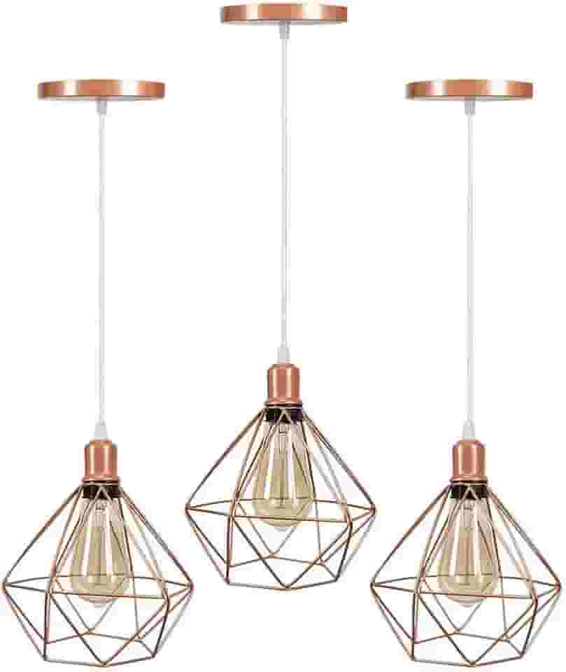 Kit 3 Lustre Pendentes Luminárias de Teto Modelo Diamante Rose Gold Brasil Decor